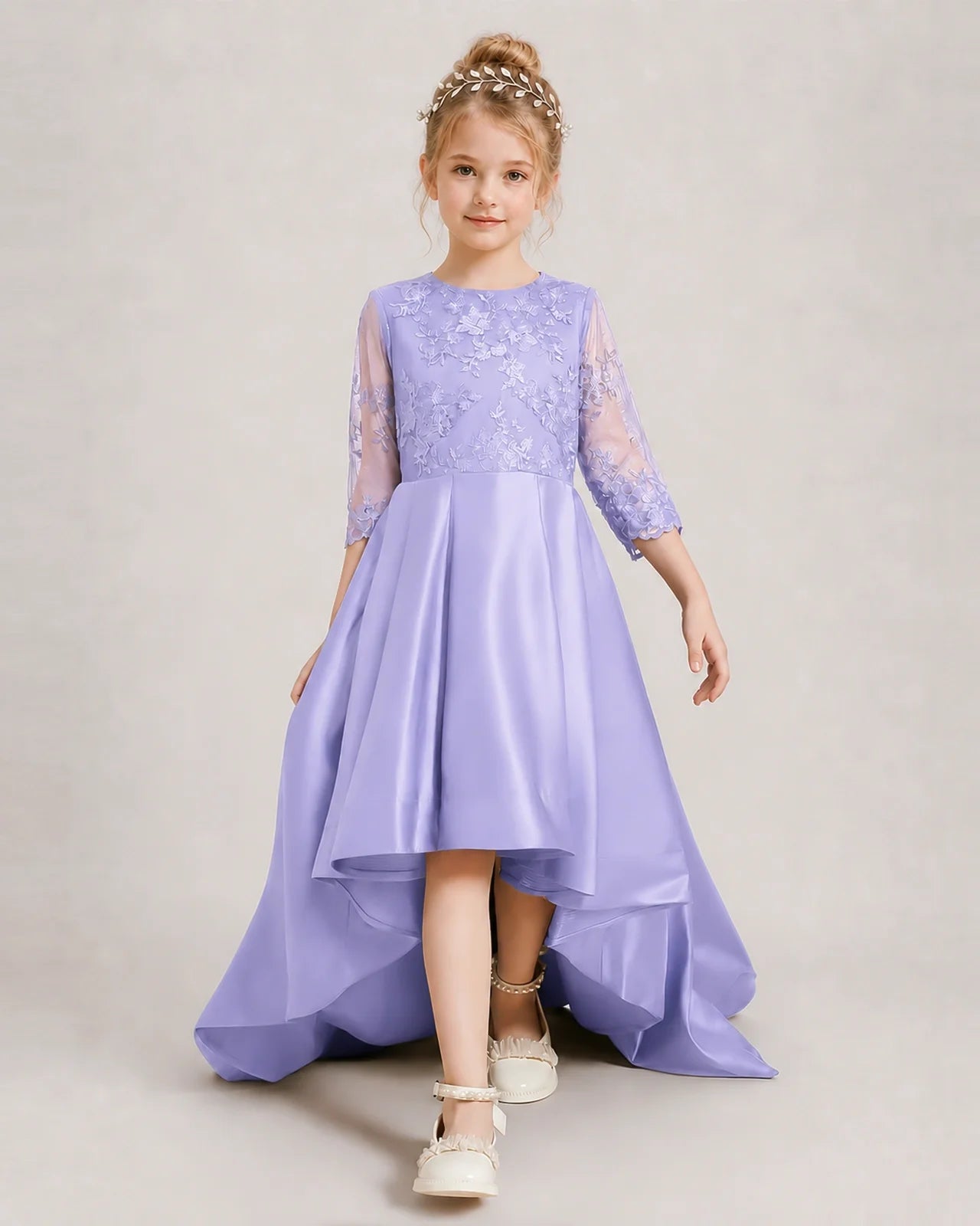 Lavender Pageant Dress 3/4 Sleeve Lace High Low Satin Gown