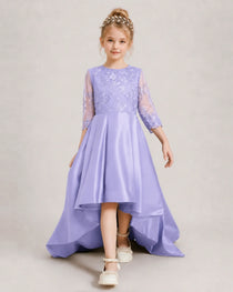 Lavender Pageant Dress 3/4 Sleeve Lace High Low Satin Gown
