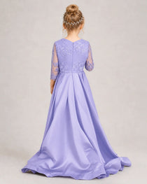 Lavender Pageant Dress 3/4 Sleeve Lace High Low Satin Gown