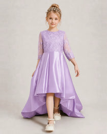 Lilac Pageant Dress 3/4 Sleeve Lace High Low Satin Gown