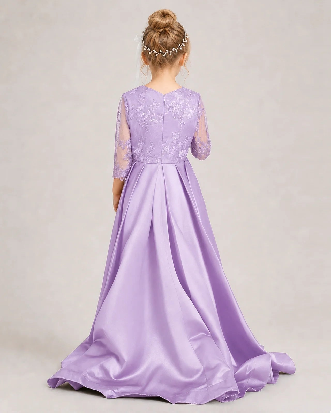 Lilac Pageant Dress 3/4 Sleeve Lace High Low Satin Gown