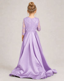 Lilac Pageant Dress 3/4 Sleeve Lace High Low Satin Gown