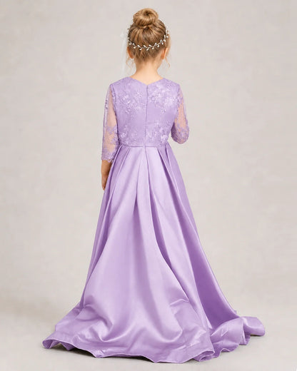 Lilac Pageant Dress 3/4 Sleeve Lace High Low Satin Gown