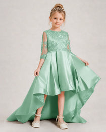 Mint Green Pageant Dress 3/4 Sleeve Lace High Low Satin Gown