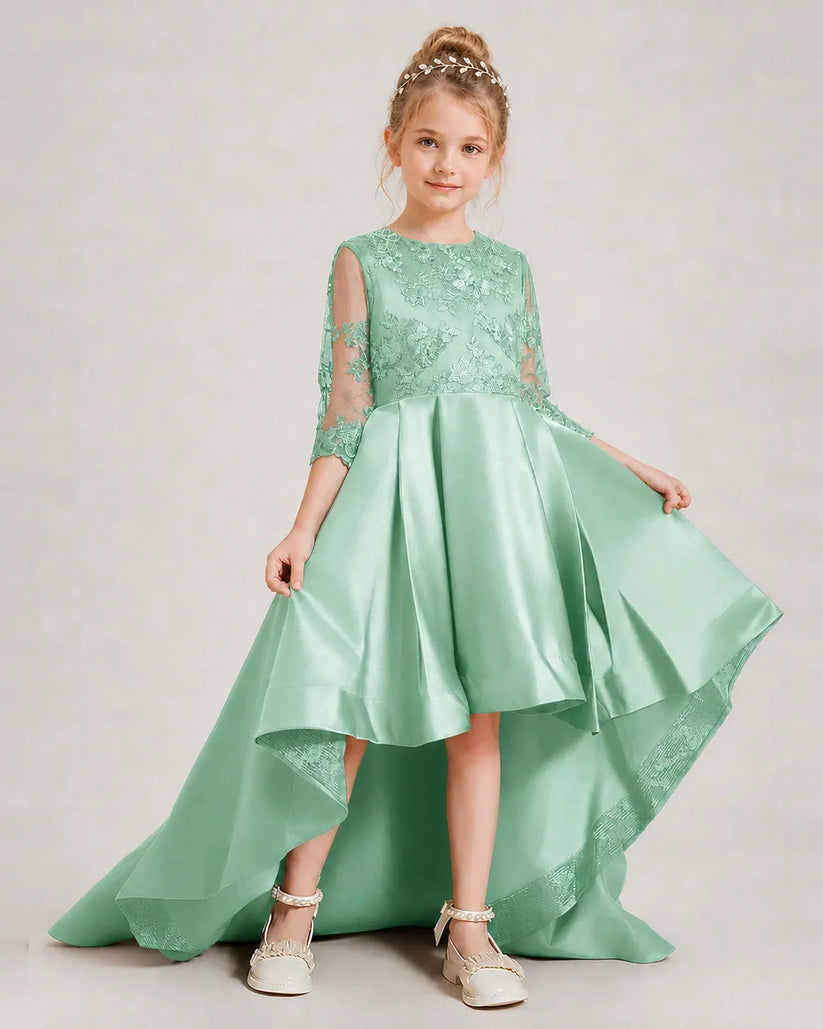 Mint Green Satin High Low Pageant Dress Front View