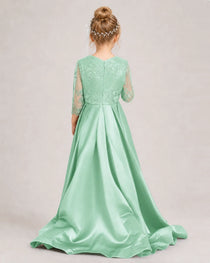 Mint Green Pageant Dress 3/4 Sleeve Lace High Low Satin Gown
