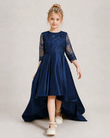 Navy Blue Satin A-line Pageant Dress Front View