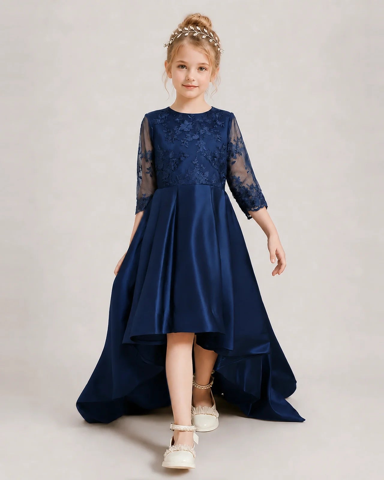 Navy Blue Pageant Dress 3/4 Sleeve Lace High Low Satin Gown