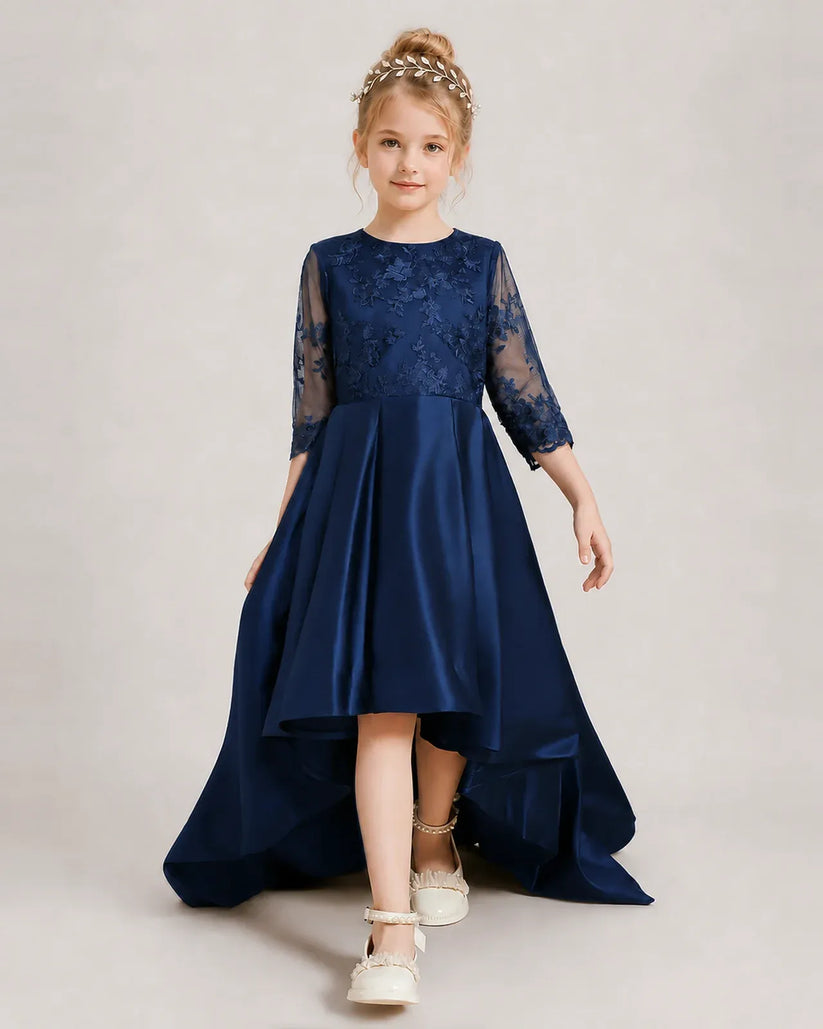 Navy Blue Satin A-line Pageant Dress Front View