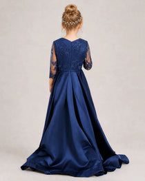 Navy Blue Pageant Dress 3/4 Sleeve Lace High Low Satin Gown