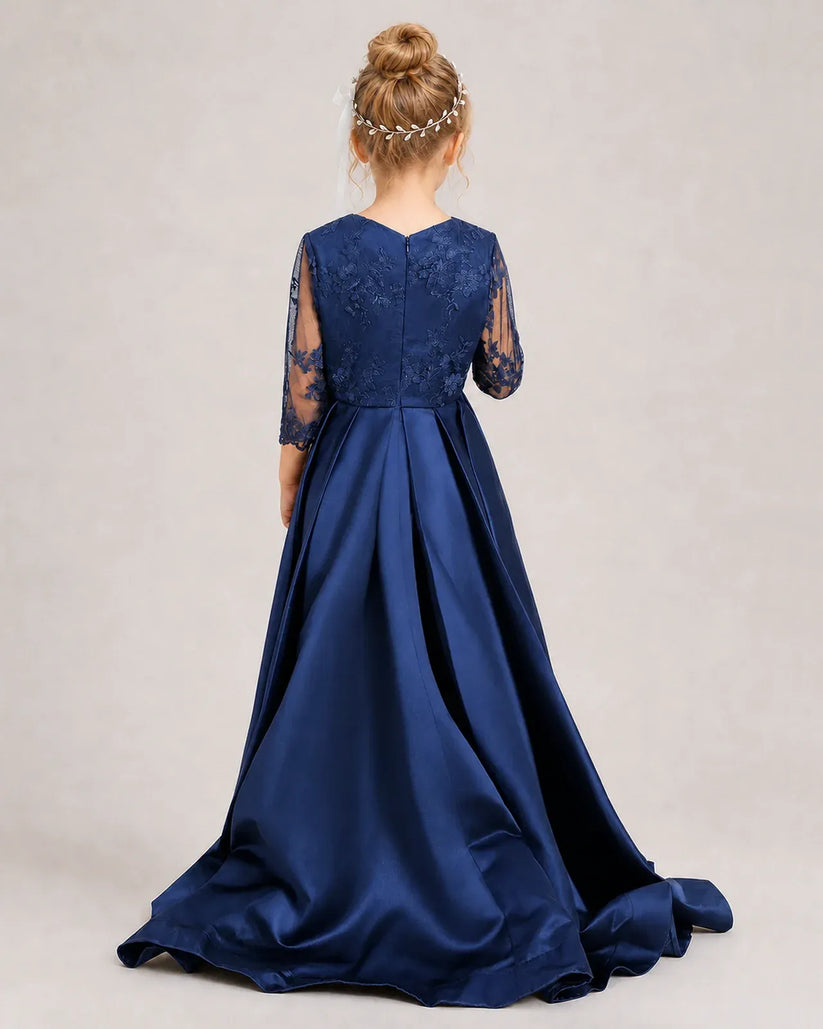 Navy Blue Satin A-line Pageant Dress Back View
