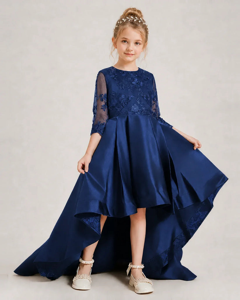 Navy Blue Satin A-line Pageant Dress Front View