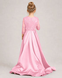 Pink Pageant Dress 3/4 Sleeve Lace High Low Satin Gown