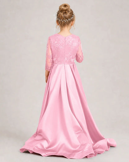 Pink Pageant Dress 3/4 Sleeve Lace High Low Satin Gown