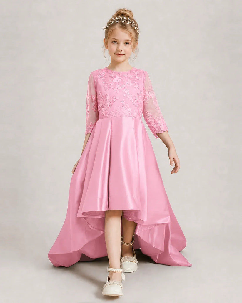 Pink Satin A-line Pageant Dress Front View