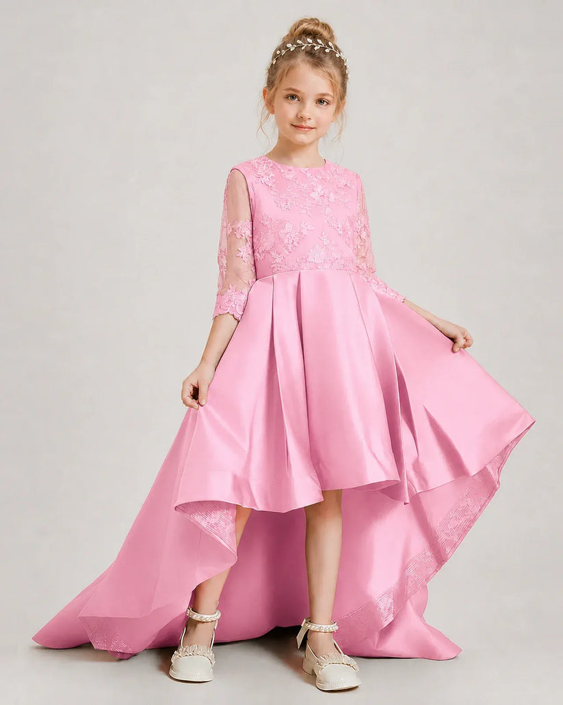 Pink Satin A-line Pageant Dress Front View