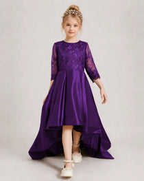 Purple Pageant Dress 3/4 Sleeve Lace High Low Satin Gown