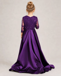 Purple Pageant Dress 3/4 Sleeve Lace High Low Satin Gown