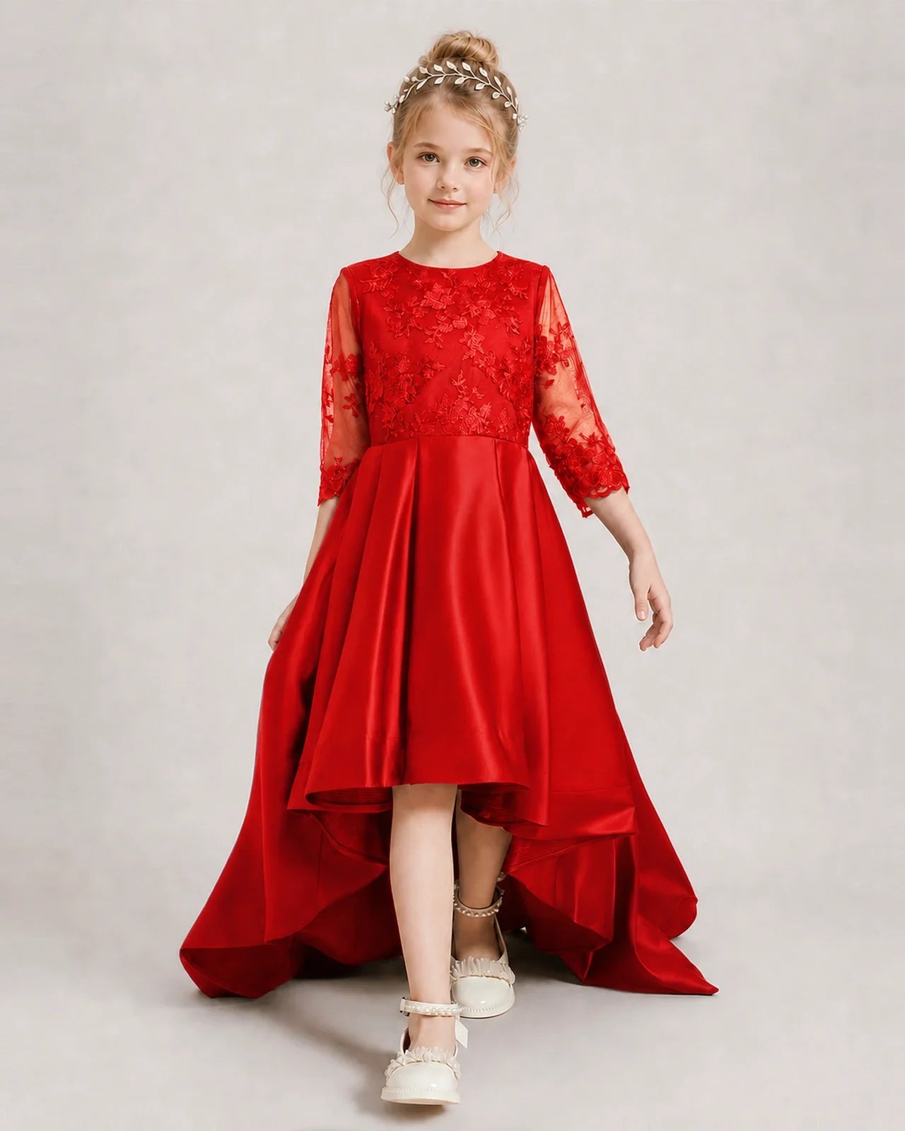 Red Pageant Dress 3/4 Sleeve Lace High Low Satin Gown