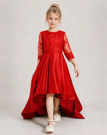 Red Pageant Dress 3/4 Sleeve Lace High Low Satin Gown