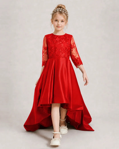 Red Pageant Dress 3/4 Sleeve Lace High Low Satin Gown