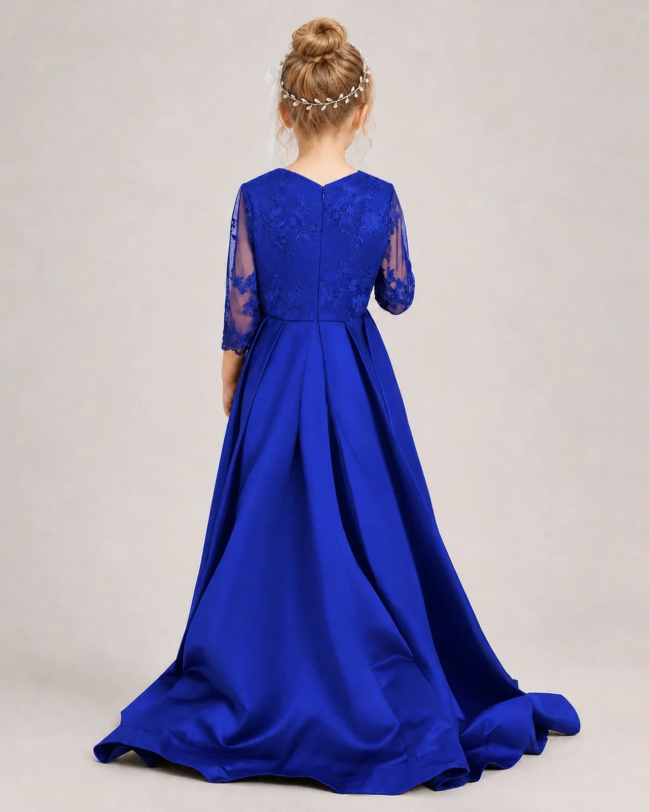 Royal Blue Pageant Dress 3/4 Sleeve Lace High Low Satin Gown