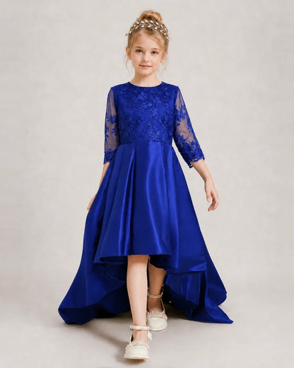 Royal Blue Pageant Dress 3/4 Sleeve Lace High Low Satin Gown