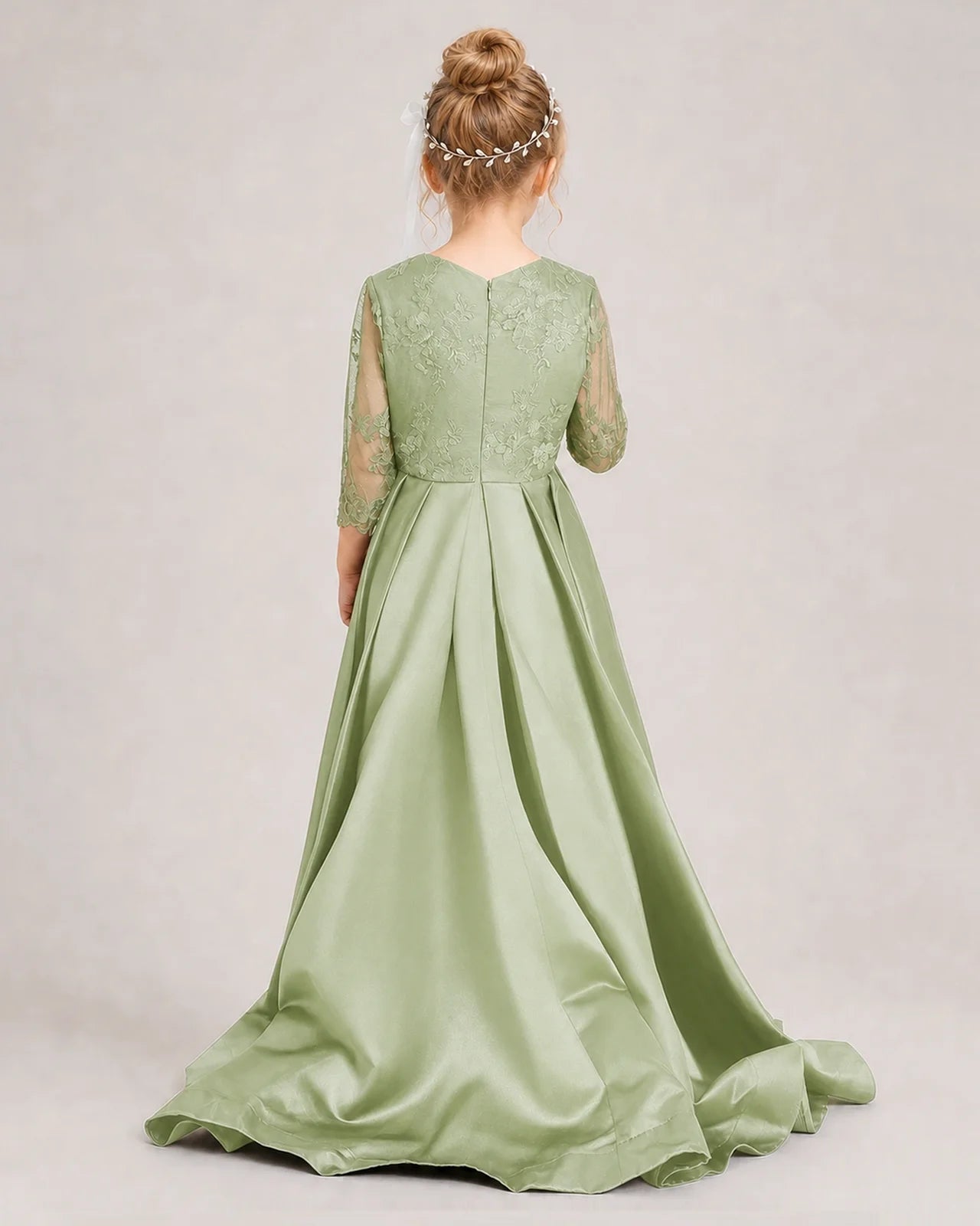 Sage Green Pageant Dress 3/4 Sleeve Lace High Low Satin Gown