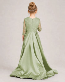 Sage Green Pageant Dress 3/4 Sleeve Lace High Low Satin Gown