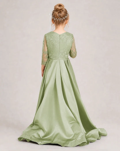 Sage Green Pageant Dress 3/4 Sleeve Lace High Low Satin Gown