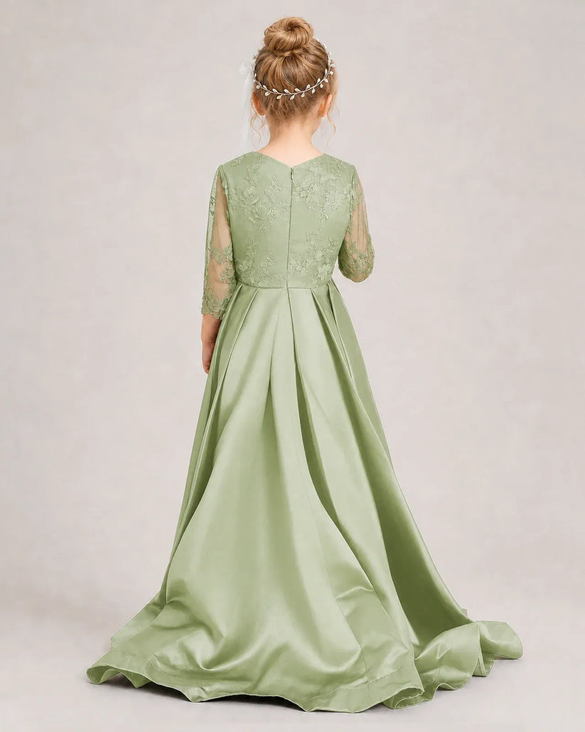Sage Green Satin A-line Pageant Dress Back View