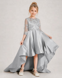 Silver Pageant Dress 3/4 Sleeve Lace High Low Satin Gown
