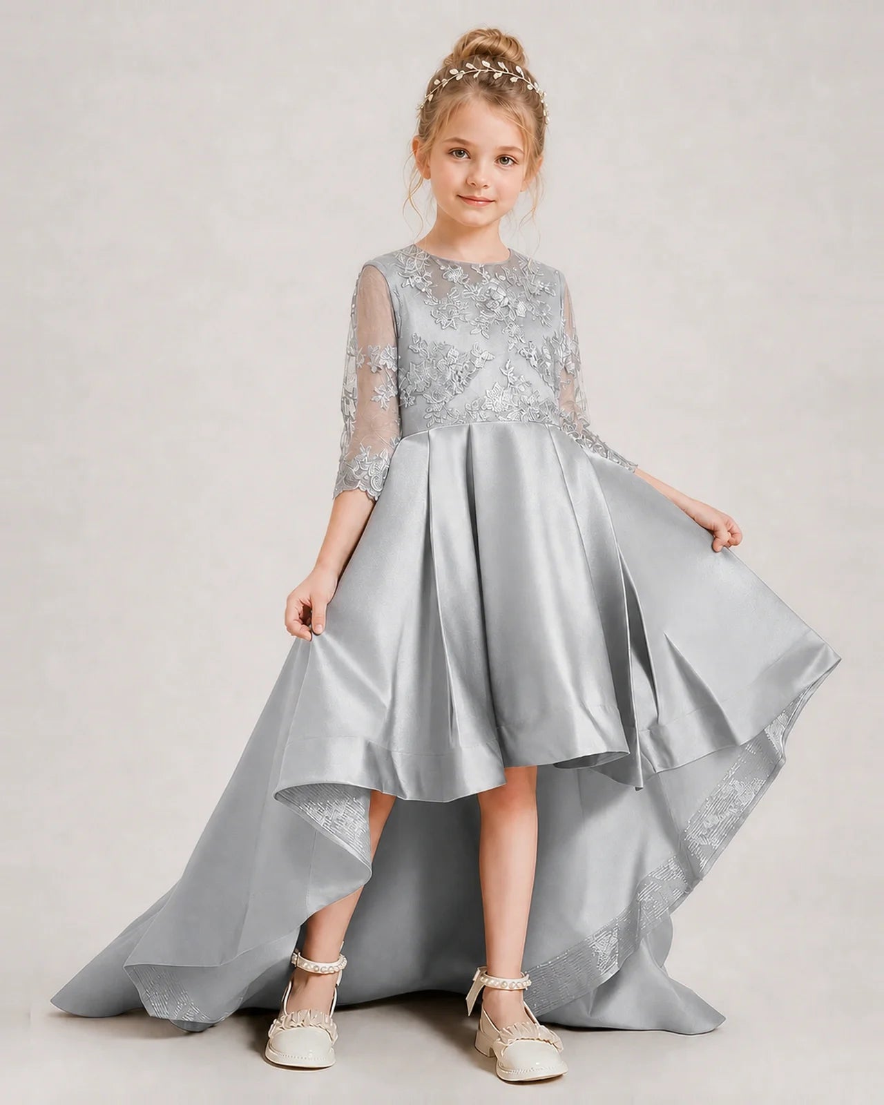 Silver Pageant Dress 3/4 Sleeve Lace High Low Satin Gown