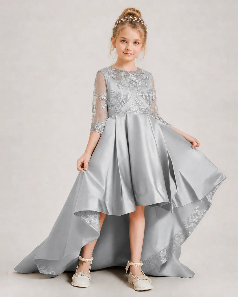 Silver Satin A-line Pageant Dress Front View