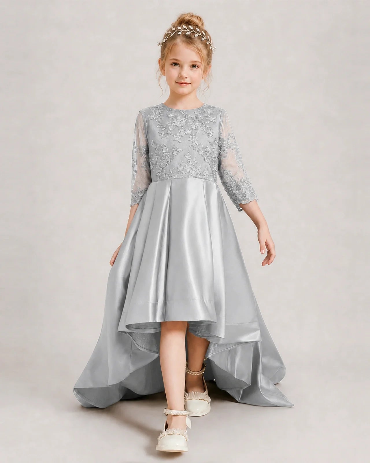 Silver Pageant Dress 3/4 Sleeve Lace High Low Satin Gown