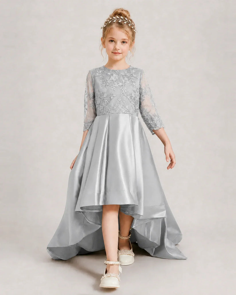 Silver Satin A-line Pageant Dress Front View