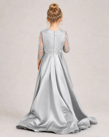 Silver Pageant Dress 3/4 Sleeve Lace High Low Satin Gown