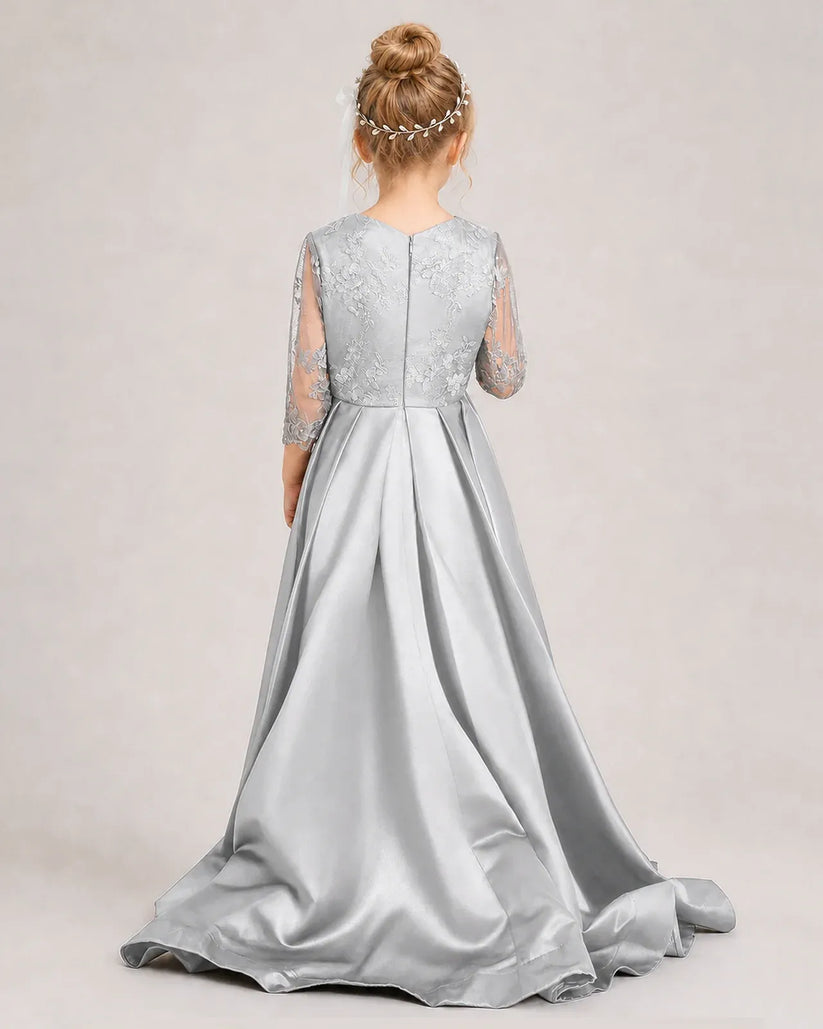 Silver Satin A-line Pageant Dress Back View