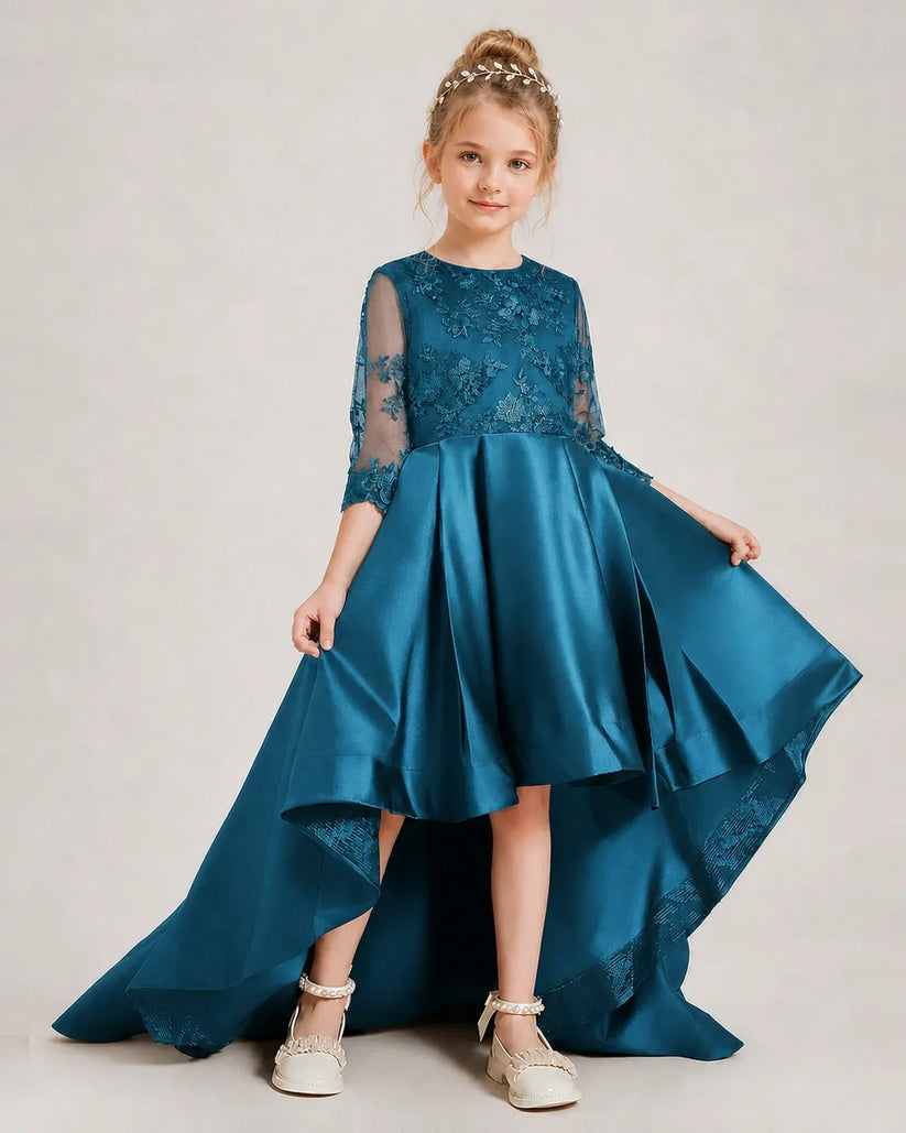 Teal Satin A-line Pageant Dress Front View