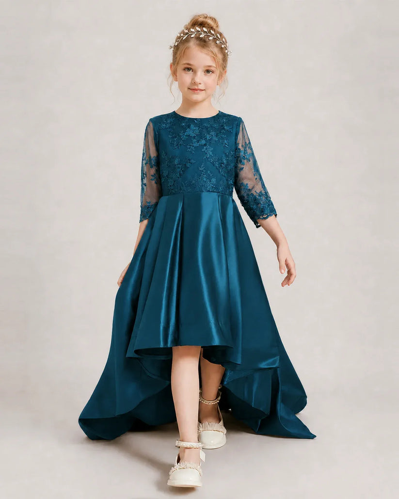 Teal Satin A-line Pageant Dress Front View