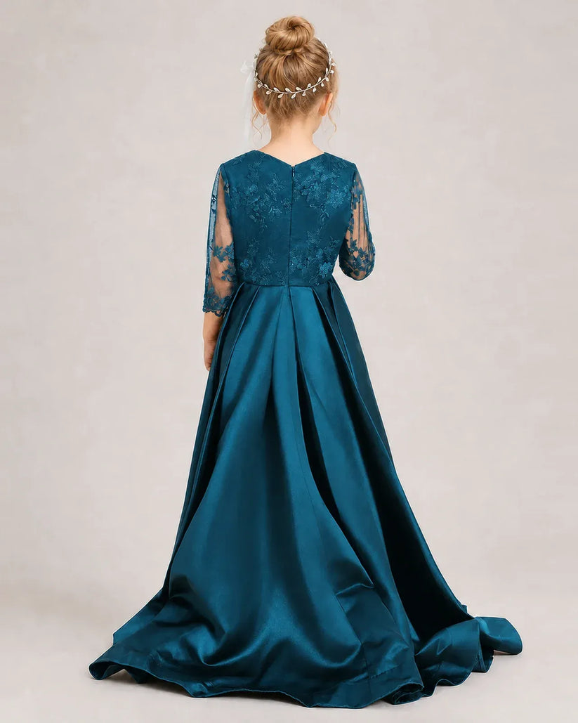 Teal Satin A-line Pageant Dress Back View