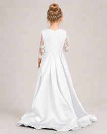 White Pageant Dress 3/4 Sleeve Lace High Low Satin Gown