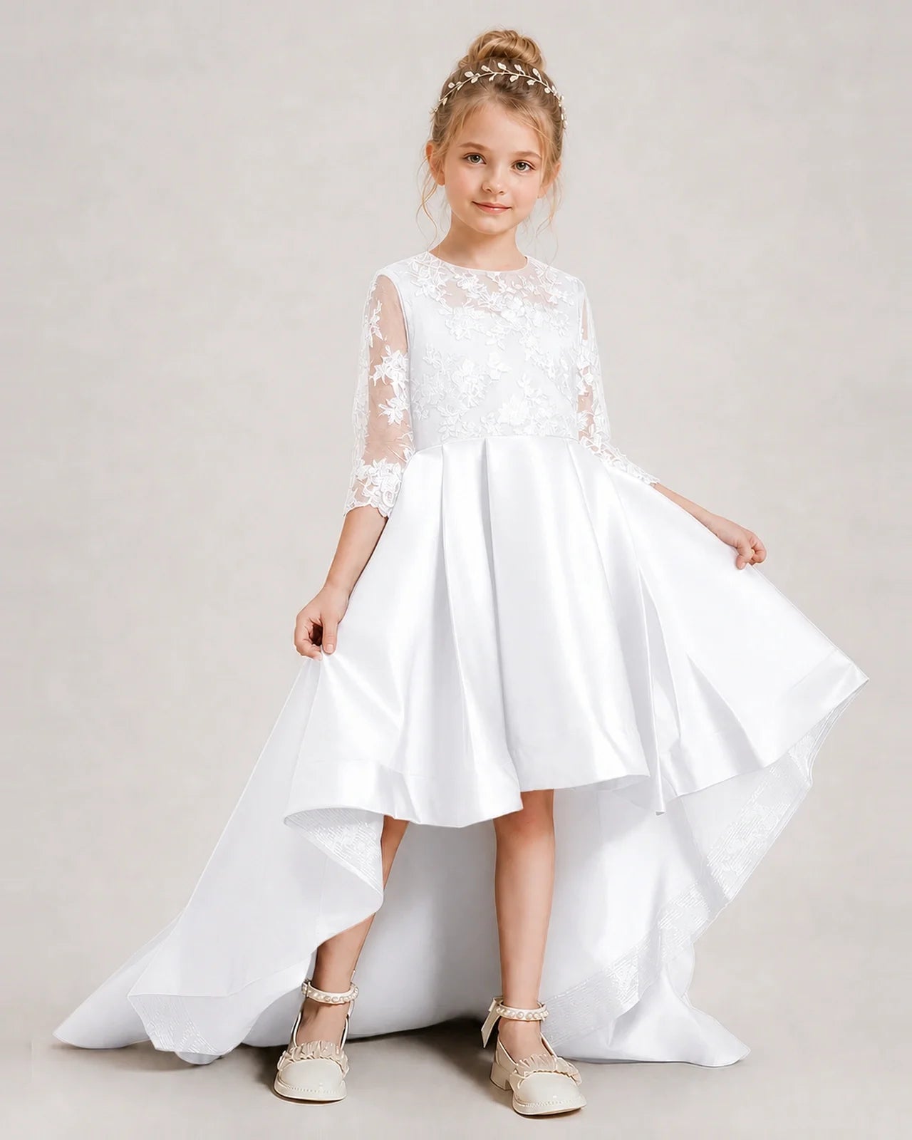 White Pageant Dress 3/4 Sleeve Lace High Low Satin Gown