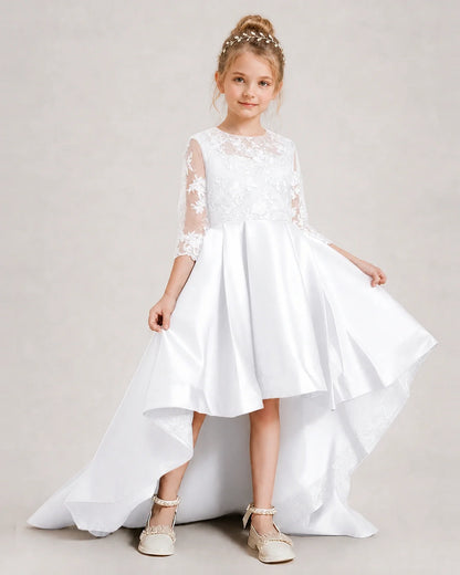 White Pageant Dress 3/4 Sleeve Lace High Low Satin Gown