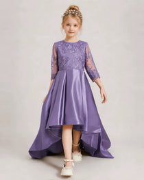 Wisteria Pageant Dress 3/4 Sleeve Lace High Low Satin Gown