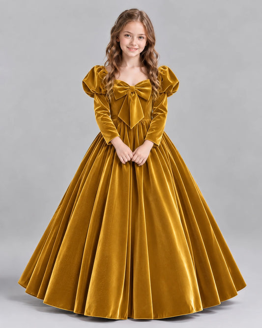 Gold Ball Gown Girls Formal Dresses Front