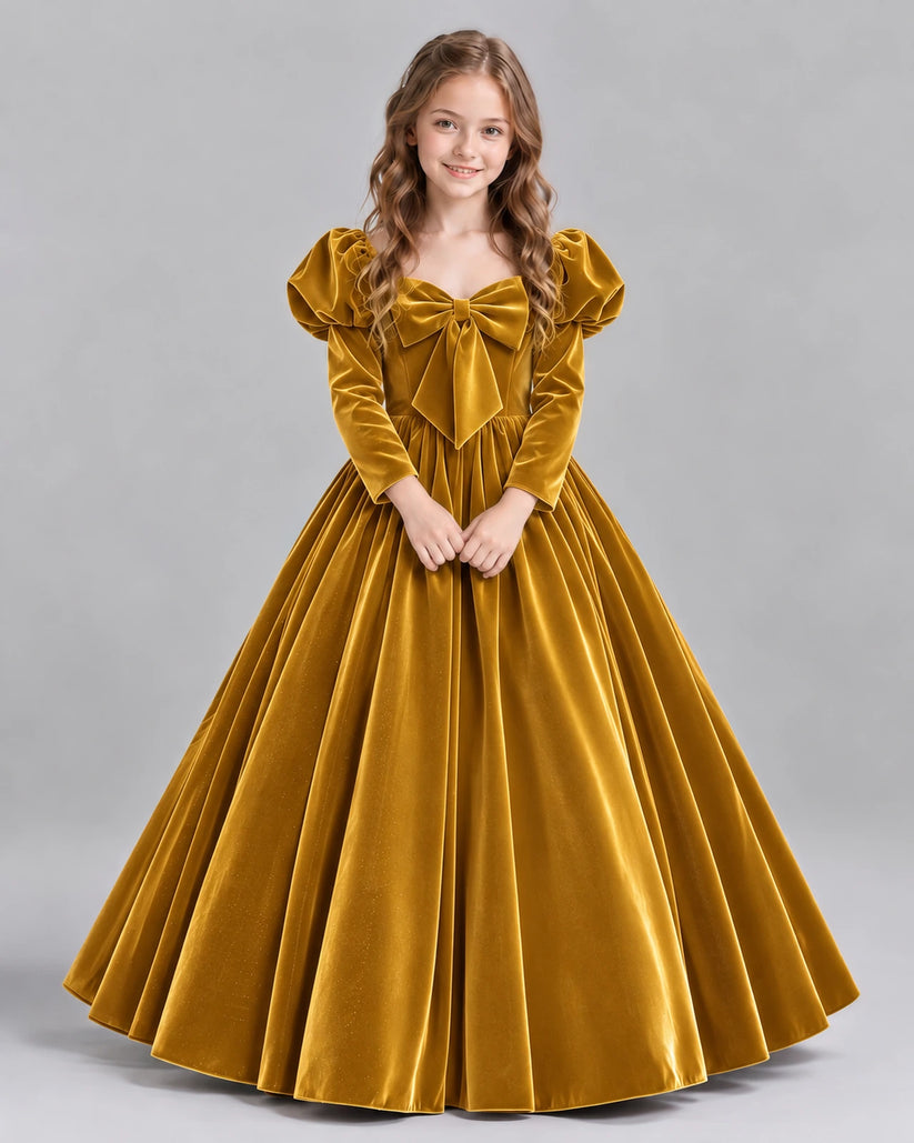 Gold Ball Gown Girls Formal Dresses Front