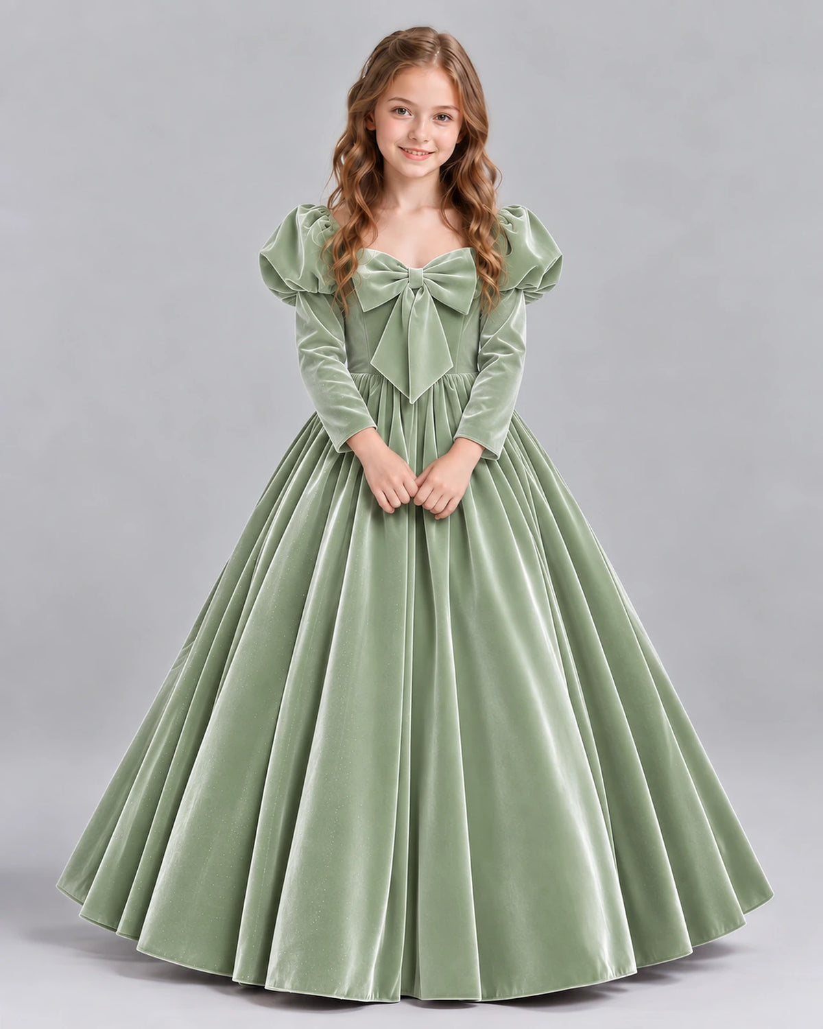 Sage Green Ball Gown Girls Formal Dresses Front