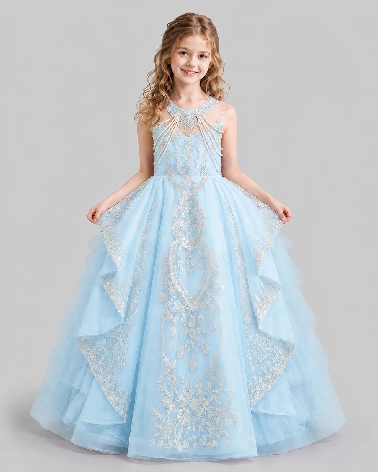 Baby Blue Ball Gown Girls Pageant Dresses Front