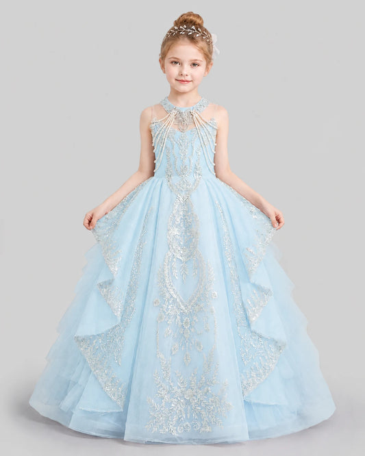 Baby Blue Ball Gown Girls Pageant Dresses Front